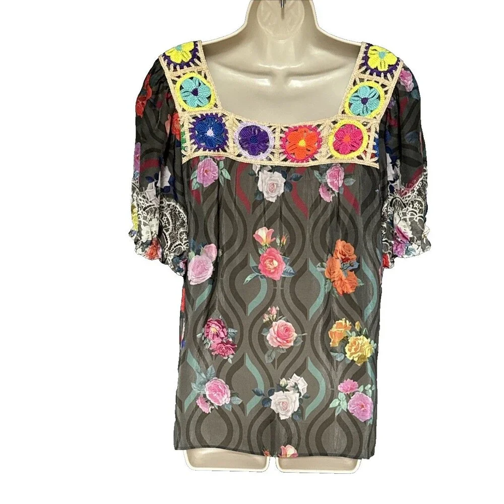 Johnny Was Rose Lace Tristan M Floral Crochet Tunic Top Cupra Rayon Boho Blouse